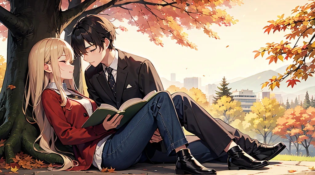Canada、autumn leaves、hill、edge、The leaves fall、one man and one woman, A man is sitting under a tree reading。Woman sleeping on man'Lap、happy expression、korean drama、Tokkebi、Gong Yoo、Kim Go Eun, Man in an elegant suit, Woman wearing a long-sleeved sweater, pleatedskirt, Red scarf、