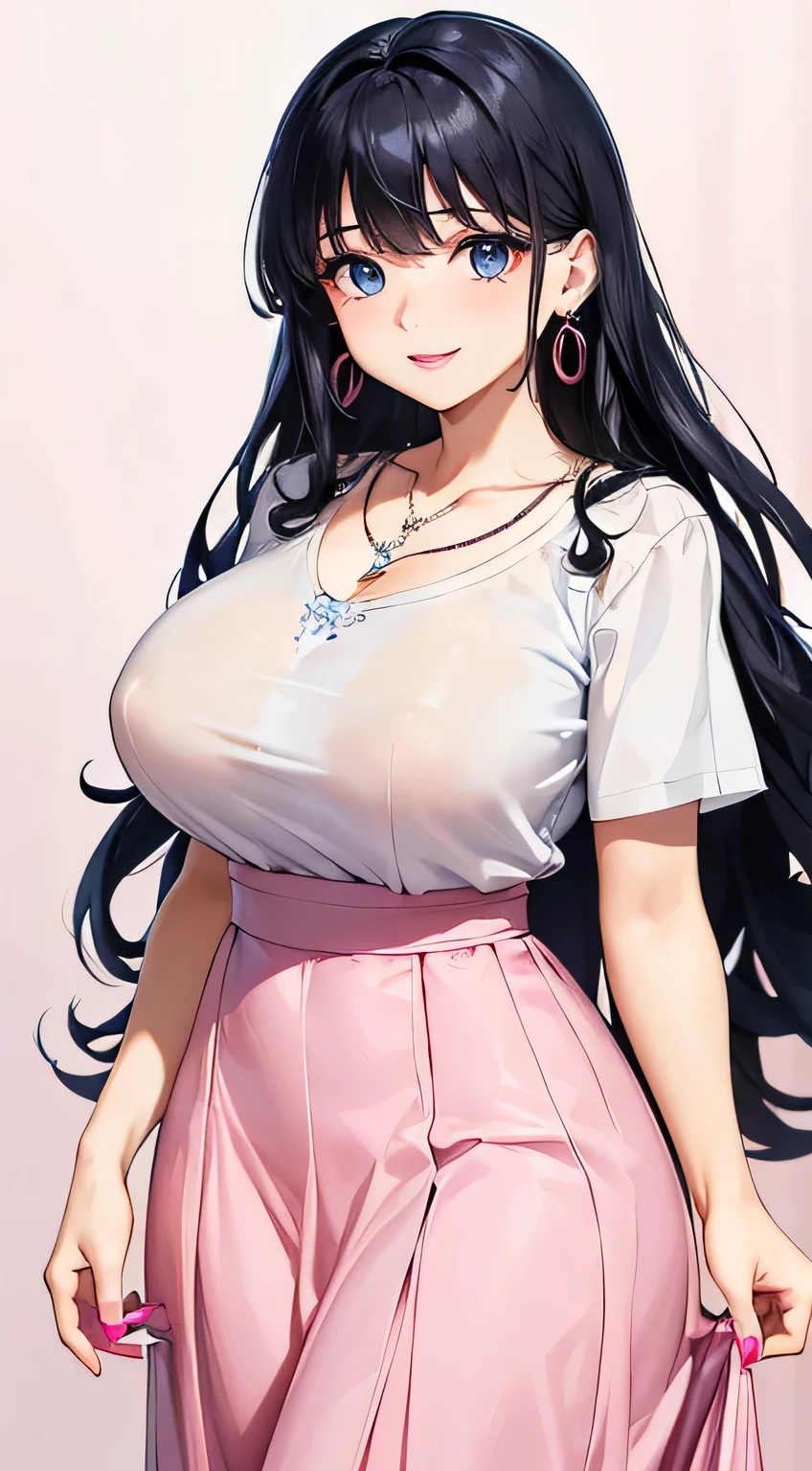 Highest quality、Beautiful adult woman、Female university student、((Blue hanging eyes))、Bluish black hair、Wavy curly long hair、Down Bangs、((Clothed Big Tits))、White short puff sleeve blouse、(((Pink nails)))、(smile、Pink Lipstick、Earrings、necklace、Long skirt)