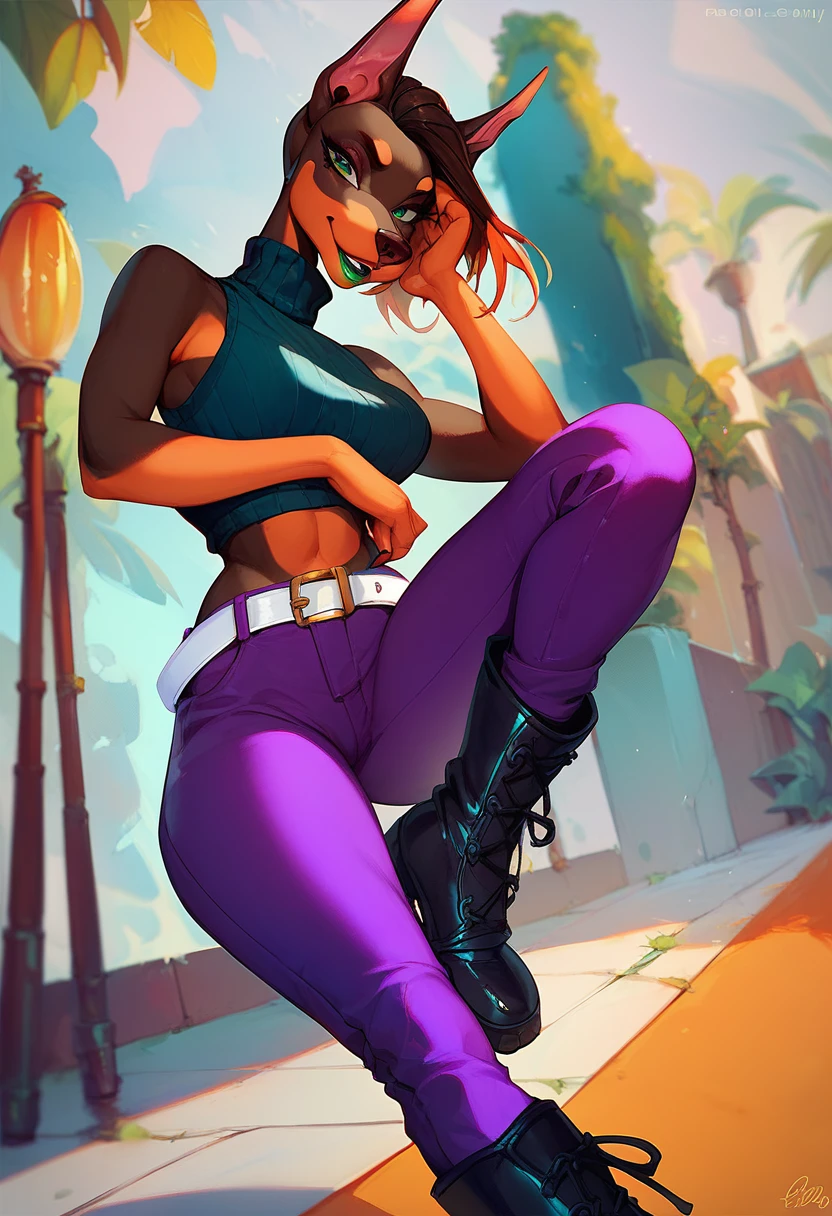 Ultra quality, Stylized 2D style, vivid colors, female anthropomorphic Doberman, she have a green eyes, and she has a beautiful Doberman face, she have dark green lips, Shes wearing a black sleeveless turtleneck and purple pants, and she has black boots, She is wearing a white belt, Shes is slim and tall, full image body character view.
