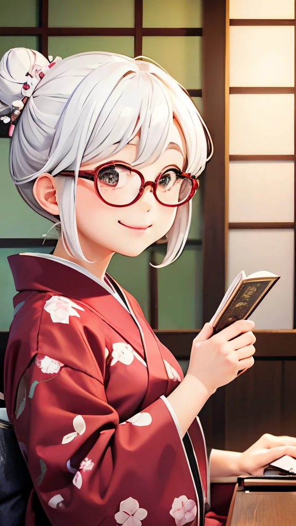 Cute old woman、60-year-old woman、One Woman、kimono、Kappo、White Hair、Japanese anime、comical、4 heads、Bun Hair、Round face、Round Glasses、Sit at a desk、front、fortune teller、Astrology、Smiling face、