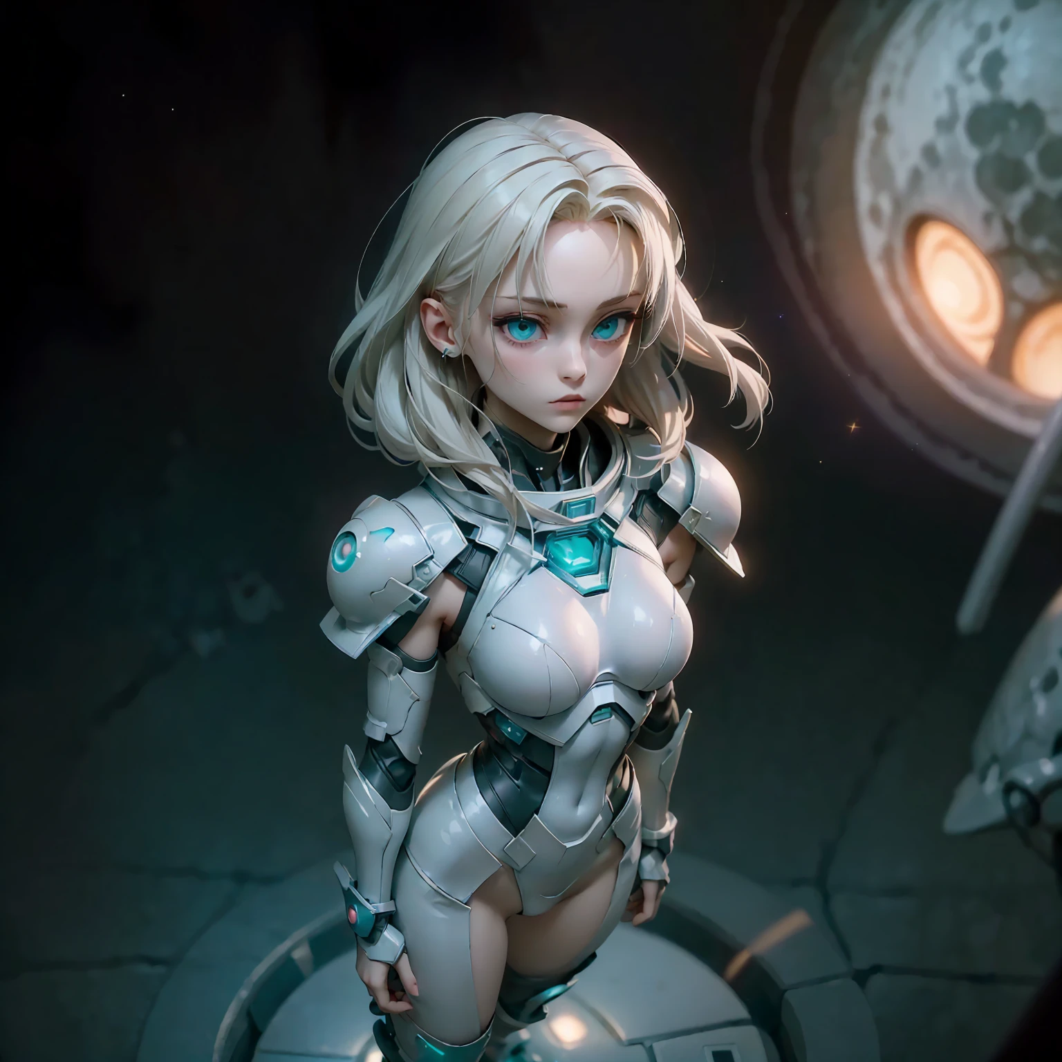 (((masterpiece, best quality, 16k))) anime girl in tight hightech cyberpunk space suit, few armor parts in shoulder, arms, legs, no helmet, medium white hairr, teal eyes, side view, view from above, space full of stars, planet, moon, and other space effects background, light aura, some fog, light effects,