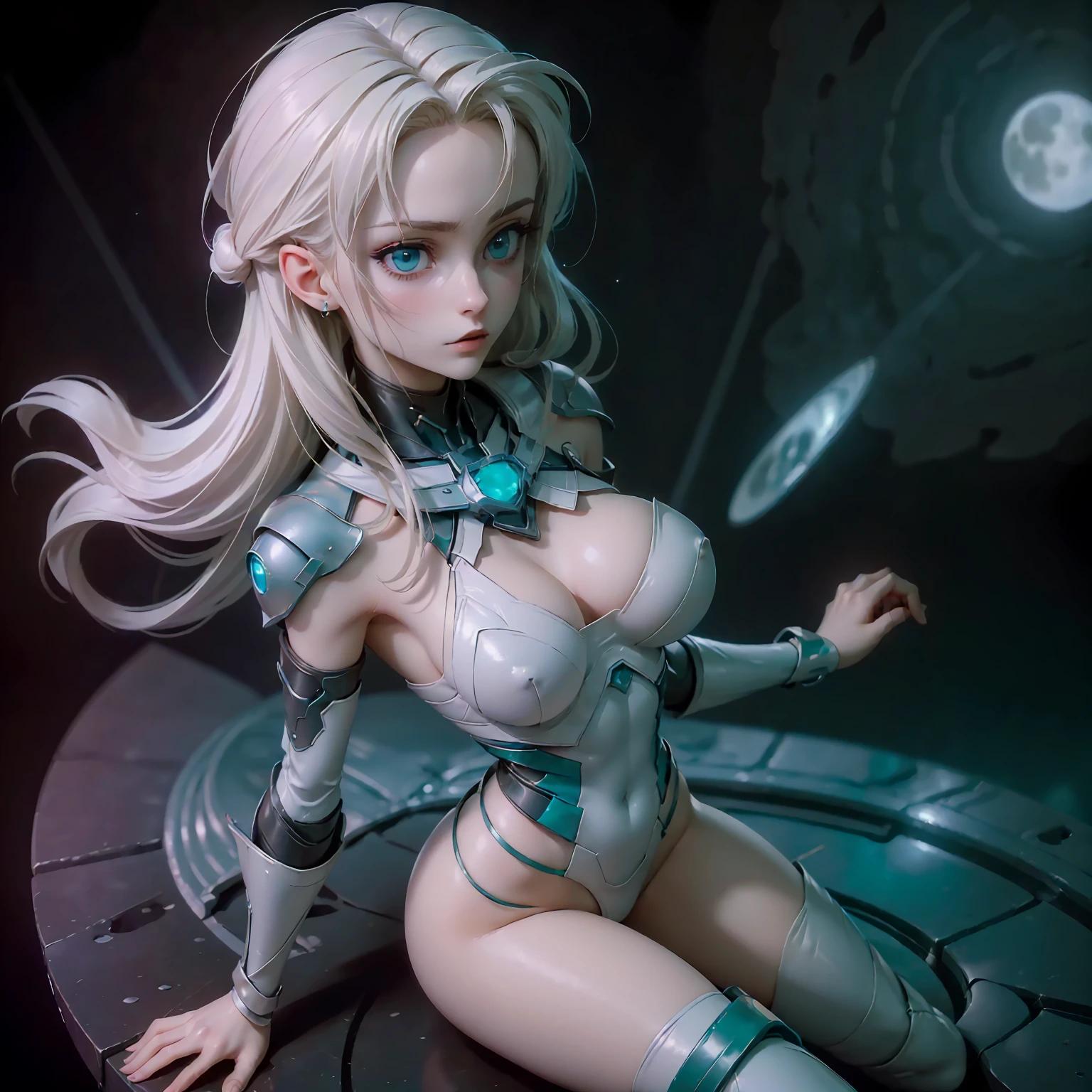 (((masterpiece, best quality, 16k))) anime girl in tight hightech cyberpunk space suit, few armor parts in shoulder, arms, legs, no helmet, medium white hairr, teal eyes, side view, view from above, space full of stars, planet, moon, and other space effects background, light aura, some fog, light effects,