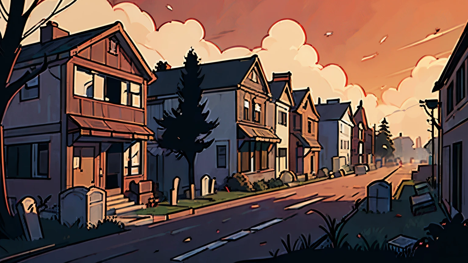 cemetery of destroyed properties, manga style, reddish tones