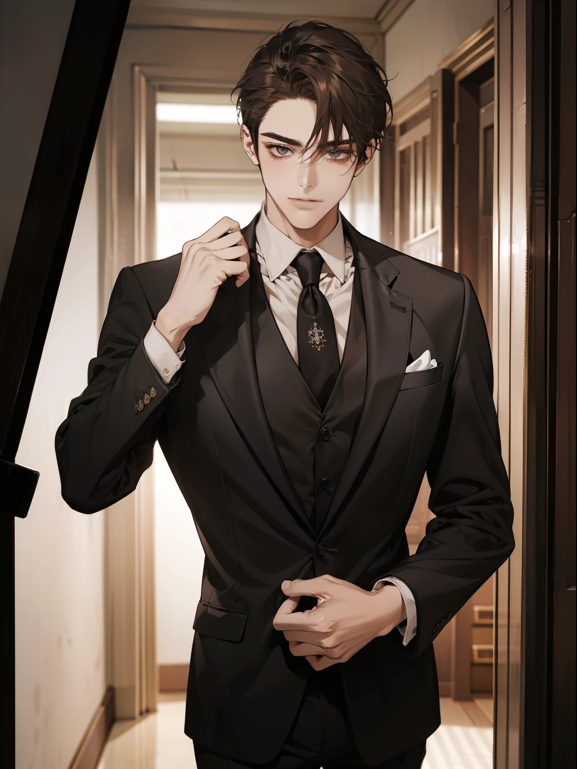 work of art, best qualityer, realisitic, 1 person, mature man, quiet and charming young man, age 25, serious look, cloused mouth, portraite, extreme detailed face, cold smile, ((dark gray eyes)), ((Straight Sweep Short Dark Brown Hair)), [thick eyebrows], ((Suit)), bonitas, lesbian full body, western, Jewish, light brown skin,Stand in front of the mirror，Organize your clothes