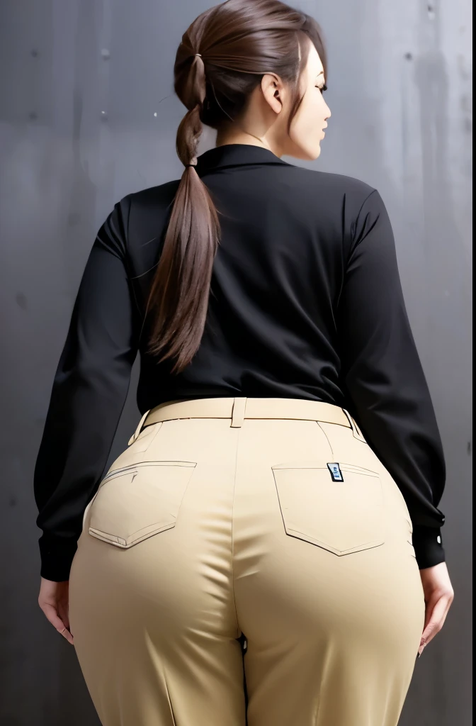 masterpiece,Highest quality,Beige trousers,Black clothes,Japanese,30-year-old woman,Protruding buttocks,I can see your face,Looking at the camera,Highly detailed face,ponytail,Big Ass,profile
