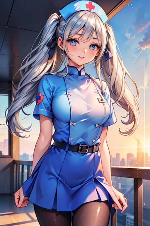 #基本
A girl is posing for a photo, ((One Girl)), (((Baby Face:1.2)) + ((cute:1.3))),
#A girl is posing for a photo, ((One Girl)), (((Baby Face)) + ((cute)) + 16 years old),
break
#Clothing Accessories
((Sky blue nurse uniform:1.5) : (Shiny) + ((Pencil Mini Skirt)) + (High neck) + (Gold Belt) + ((Tight fit)) + (Black Pantyhose)), (Shiny白ハイヒール),
(Gold hoop earrings),
break
#Features
((Silver Hair)), (The forehead is visible:1.4), (Twin tails : Long Hair + Curly hair + Thin Hair + Red ribbon),
((Droopy eyes), blue eyes, (Big eyes:1.2)), (Big Breasts),
break
#background environment
(noon, (sunlight shines, Modern hospital)),
#Facial Expression Pose
((Wicked Smile)), (model posing),
#composition
(To the camera, (Focus from the front), (Cowboy Shot)),
break
#Body parts elements
(Slim figure),
(Detailed Hair, Beautiful Hair, Shiny Hair),
(double eyelid, Long eyelashes),
(Expression of fine eyes, Beautiful and delicate eyes, Sparkling eyes, Eye Reflexes, Glitter Eyeliner),
(Human Ear),
(Beautiful Nose, Thin Nose),
(Shiny唇, Beautiful Lips, Thick lips, Shiny唇, Natural Cheeks),
(Detailed face, Symmetrical facial features),
(Detailed skin, Textured skin, Beautiful Skin, Glowing Skin),
break
#Quality Image Quality Common
(((Highest quality)), ((masterpiece)), ((Very detailed))), ((Ultra-high resolution)), ((16K, 1080P)), ((FHD)),
(Anatomically correct), (Realistic), (3DCG), (oil), (Colored pencil),
#Quality image illustration
((comics, anime)), CG illustration,