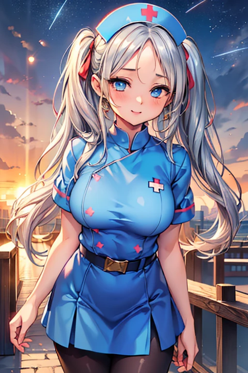 #基本 
A girl is posing for a photo, ((One Girl)), (((Baby Face:1.2)) + ((cute:1.3))), 
#A girl is posing for a photo, ((One Girl)), (((Baby Face)) + ((cute)) + 16 years old), 
break 

#Clothing Accessories 
((Sky blue nurse uniform:1.5) : (Shiny) + ((Pencil Mini Skirt)) + (High neck) + (Gold Belt) + ((Tight fit)) + (Black Pantyhose)), (Shiny白ハイヒール), 
(Gold hoop earrings), 
break 

#Features 
((Silver Hair)), (The forehead is visible:1.4), (Twin tails : Long Hair + Curly hair + Thin Hair + Red ribbon),  
((Droopy eyes), blue eyes, (Big eyes:1.2)), (Big Breasts), 
break 

#background environment 
(noon, (sunlight shines, Modern hospital)), 
#Facial Expression Pose 
((Wicked Smile)), (model posing), 
#composition 
(To the camera, (Focus from the front), (Cowboy Shot)),  
break 

#Body parts elements 
(Slim figure), 
(Detailed Hair, Beautiful Hair, Shiny Hair), 
(double eyelid, Long eyelashes), 
(Expression of fine eyes, Beautiful and delicate eyes, Sparkling eyes, Eye Reflexes, Glitter Eyeliner), 
(Human Ear), 
(Beautiful Nose, Thin Nose), 
(Shiny唇, Beautiful Lips, Thick lips, Shiny唇, Natural Cheeks), 
(Detailed face, Symmetrical facial features), 
(Detailed skin, Textured skin, Beautiful Skin, Glowing Skin), 
break 

#Quality Image Quality Common 
(((Highest quality)), ((masterpiece)), ((Very detailed))), ((Ultra-high resolution)), ((16K, 1080P)), ((FHD)), 
(Anatomically correct), (Realistic), (3DCG), (oil), (Colored pencil), 

#Quality image illustration 
((comics, anime)), CG illustration, 
