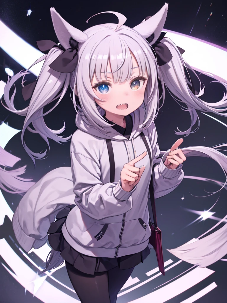 One Girl、twinturbo, sharp teeth, ahoge, twintails, hair ribbon, horse ears, heterochromia, horse tails、hoodie, long sleeves, pantyhose、