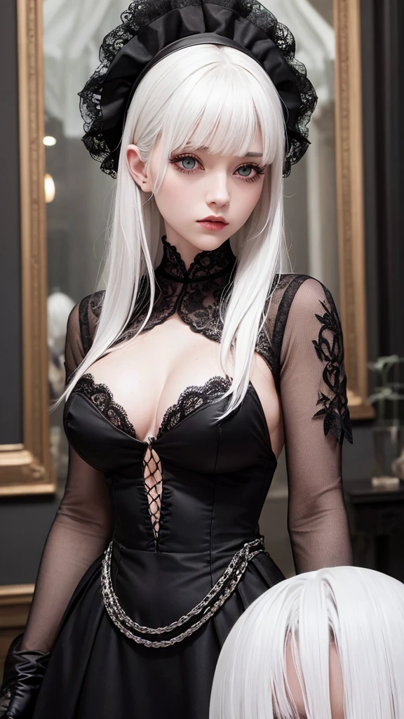 girl with white hair,with bangs, black gloves, gothic, dress,green eyes,4K, masterpiece, perfect body, stem,perfect eyes, perfect shading, perfect lighting, best quality, work of art, ultra detailed, detailed clothing