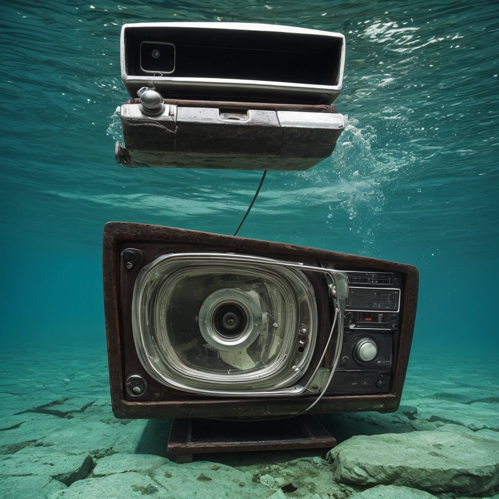 Sunken underwater retro old fashioned ancient television made in 1960s. Water leaking out of the cracks of the phone..., hyperrealistic, 1960s, closed up, underwater