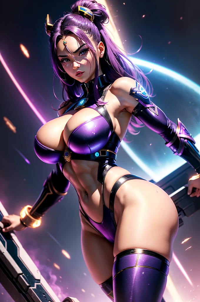 A perfect and beautiful, exuberant and very young cybernetic android warrior with black African and oriental features, Japanese and Chinese, mixed with the clone of the Greek warrior goddess Athena, with huge super ultra mega giant breasts, Brunetette, very tanned and sweaty, huge  ass, steep, HARD AND MUSCULOUS, purple eyes, transformed into a super sensual and extremely super ULTRA HIPER muscular astronaut, fitness, bodybuilder, fit bodybuilder and weightlifter, very muscular thighs wearing very short punk style hair, super radical and purple and very smooth in locks, wearing sexy cyberpunk battle outfits, seen in the form of a hologram made only of light energy, coastal view, administrator and leader, queen goddess of a gigantic fleet of thousands of spaceships and hundreds of planets of her mighty star empire running boldly across the bridge of a star cruiser