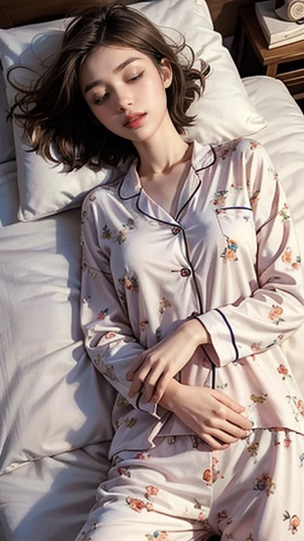 Sleeping girl, 22 years old, Realistic, She wears a short, She is wearing floral pajamas, short hair.