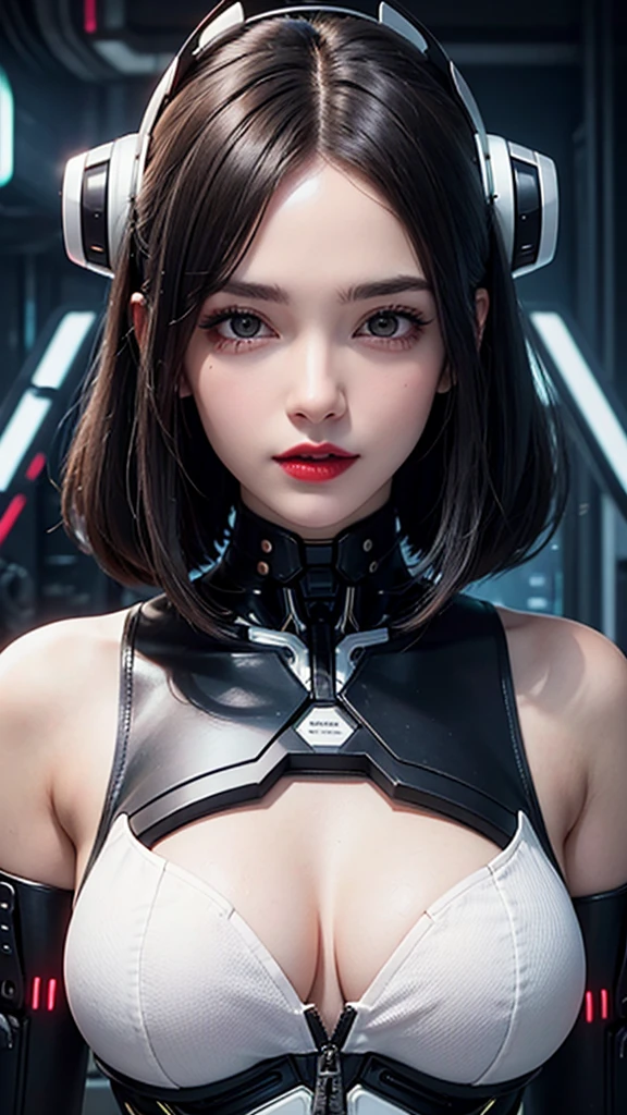 Close-up of woman wearing futuristic hat and red lipstick., Cyberpunk Jackie Wells, CG Society 9, style = Retro of the future, beautiful robot woman, Portrait of a female robot, retro futuristic fashion, Still from the movie Bladerunner., Female cyborg in data center, Mobius Aesthetics, Still image of an alien cyborg, It was shown as a sci-fi scene.