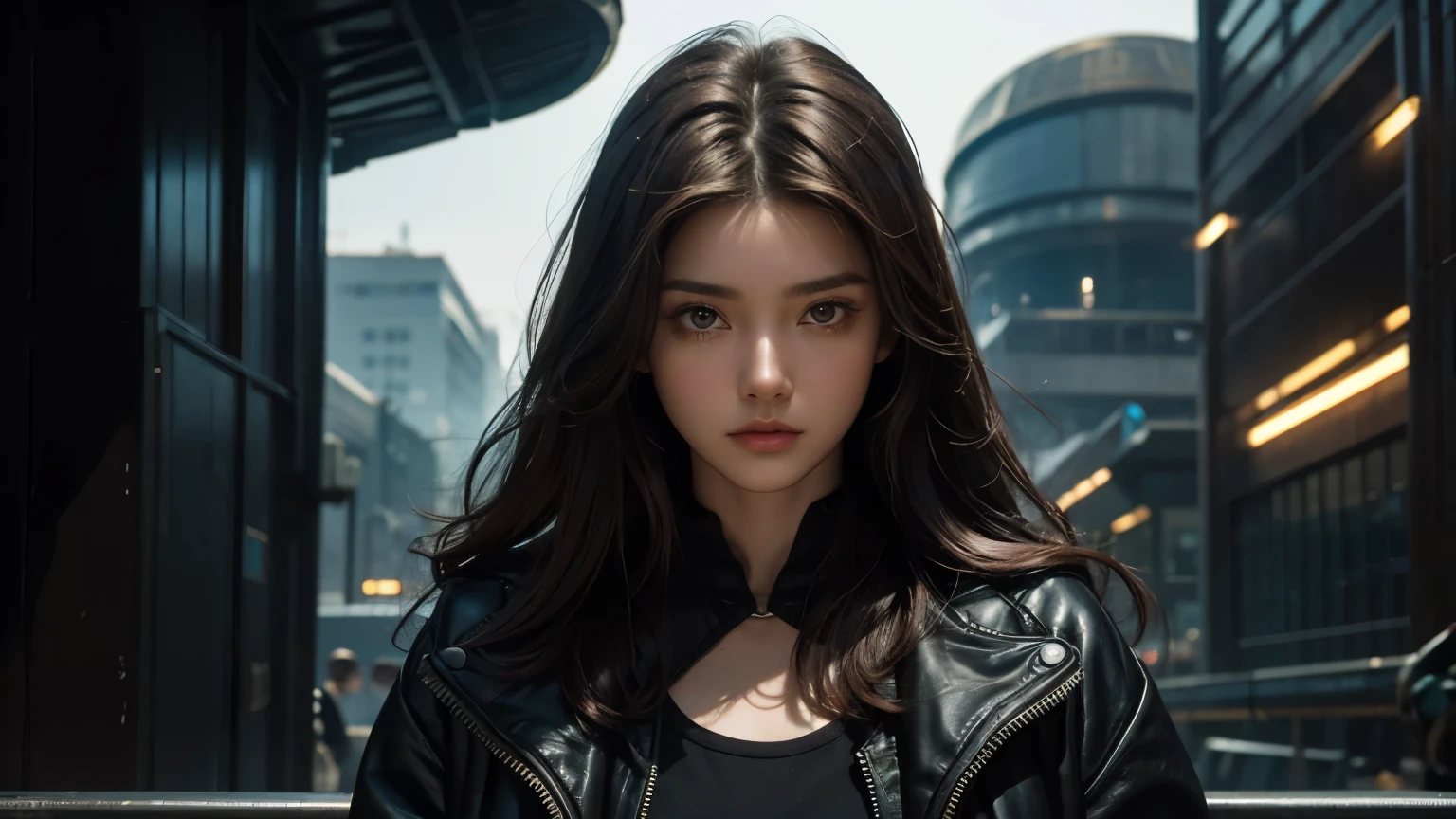 AUpper body close-up image. beautiful woman. Dark brown hair. Twenty years old. She is looking at the camera with a defiant look. She is wearing a jacket and trousers. A futuristic city that existed in ancient times can be seen in the space behind her.