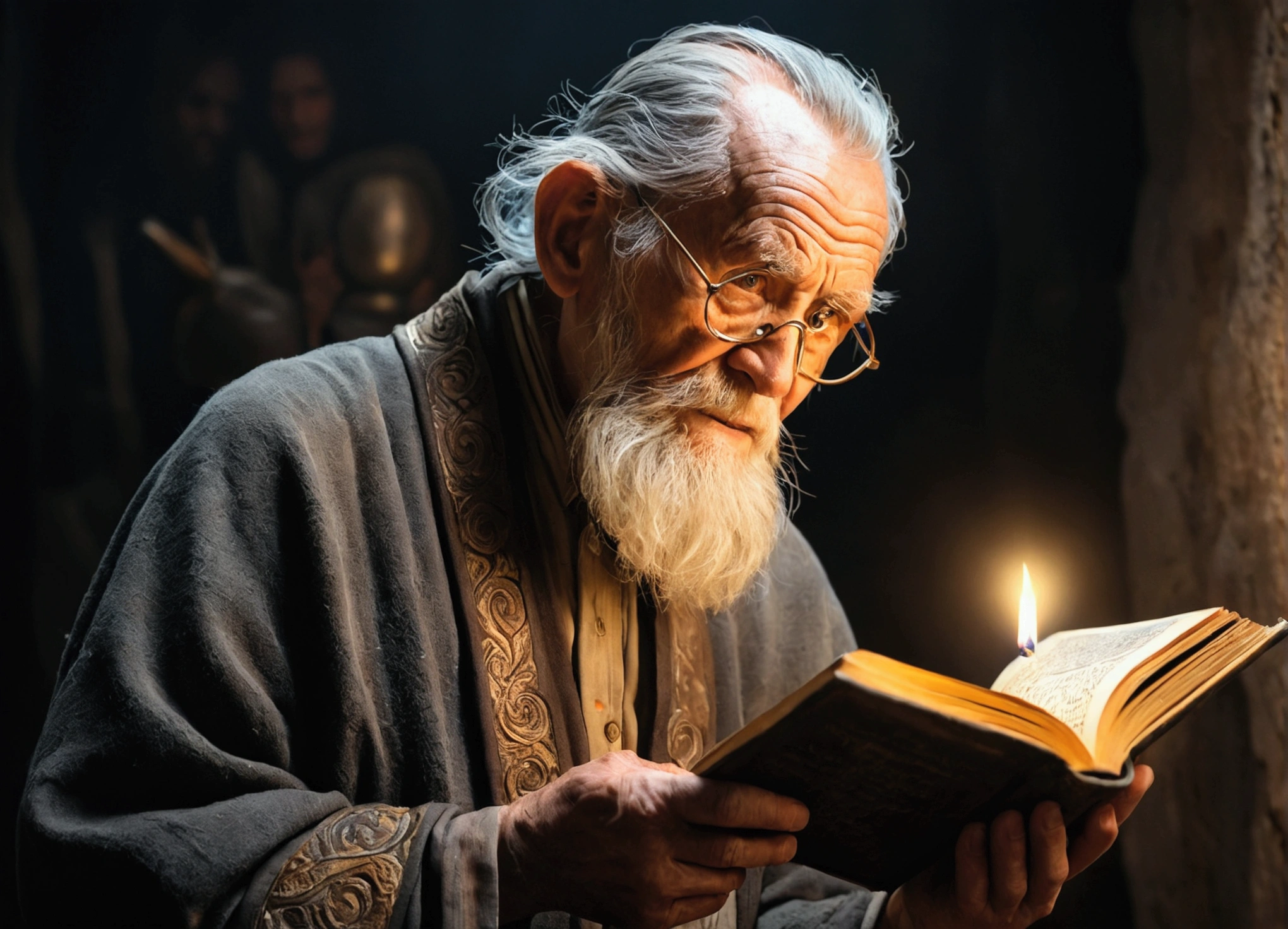 (Biblical times) to the (The left side of the image shows an old man holding a luminous book in his hands) to the (Right side of the image there is a scary demon) (Biblical times) Depth of field, bokeh, 真实感, photorrealistic, hiper-真实感, professional photograpy, 8k hd , dslr, HDR , piece of master, best qualityer, grainy film, pintura photorrealistic, Fujifilm XT3