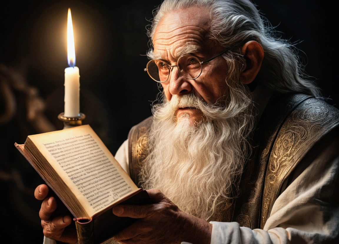 (Biblical times) to the (The left side of the image shows an old man holding a luminous book in his hands) to the (Right side of the image there is a scary demon) (Biblical times) Depth of field, bokeh, 真实感, photorrealistic, hiper-真实感, professional photograpy, 8k hd , dslr, HDR , piece of master, best qualityer, grainy film, pintura photorrealistic, Fujifilm XT3