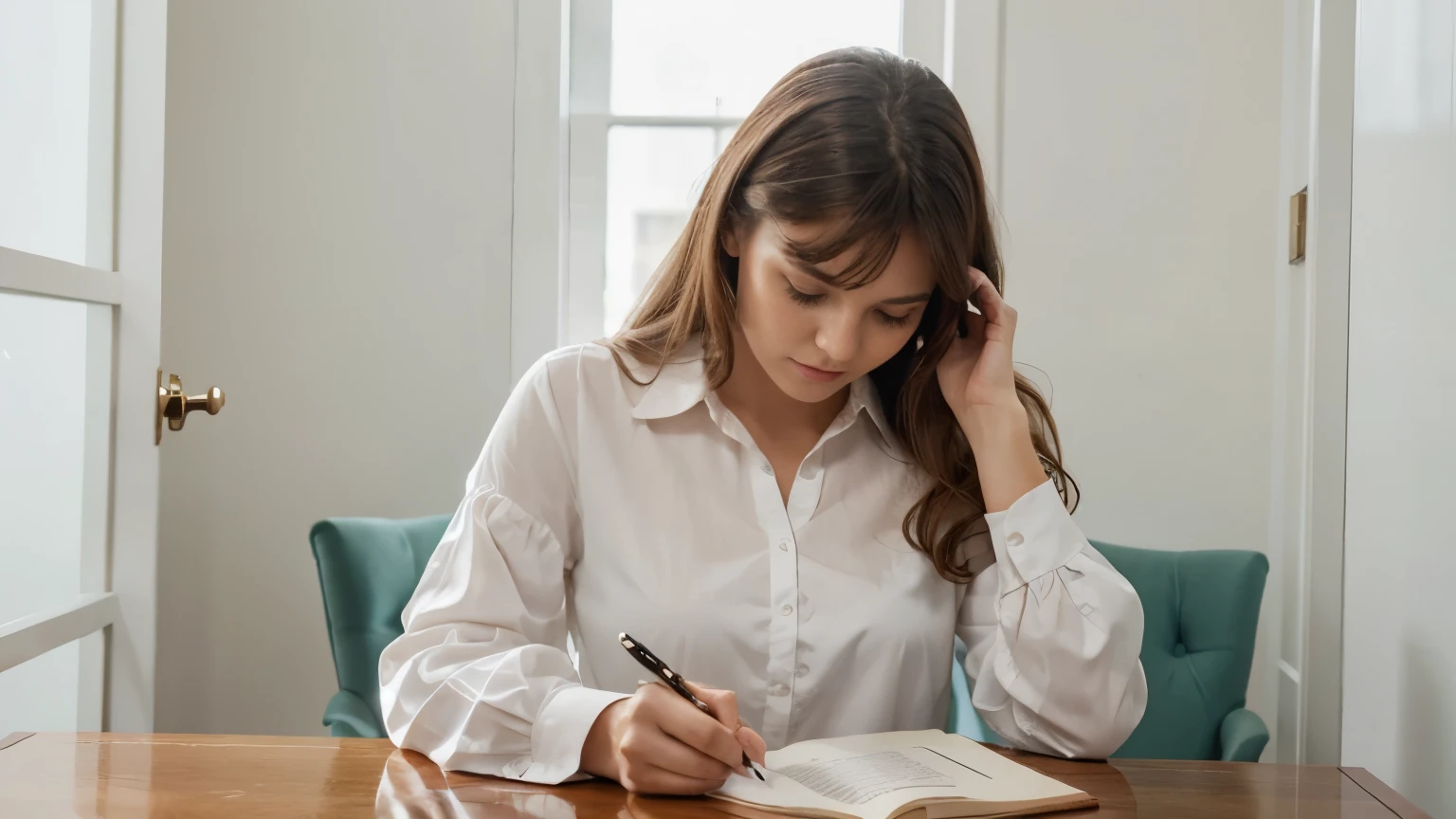 Create an image of a woman in profile reflecting while writing, wearing a long-sleeved blouse in the color #7D5840. The scene must convey tranquility and resilience, in a calm living room environment with a background wall in the color #F0E9DE. The woman has light skin and is engaged in a therapeutic writing moment.
