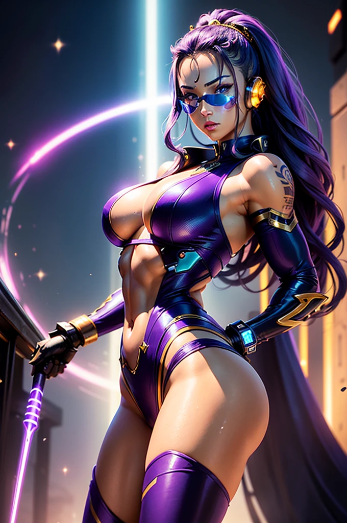 A perfect and beautiful, exuberant and very young cybernetic android warrior with black African and oriental features, Japanese and Chinese, mixed with the clone of the Greek warrior goddess Athena, with huge super ultra mega giant breasts, Brunetette, very tanned and sweaty, huge ass, steep, HARD AND MUSCULOUS, purple eyes, transformed into a super sensual and extremely super ULTRA HIPER muscular astronaut, fitness, bodybuilder, fit bodybuilder and weightlifter, very muscular thighs wearing very short punk style hair, super radical and purple and very smooth in locks, wearing sexy cyberpunk battle outfits, seen in the form of a hologram made only of light energy, coastal view, administrator and leader, queen goddess of a gigantic fleet of thousands of spaceships and hundreds of planets of her mighty star empire running boldly across the bridge of a star cruiser