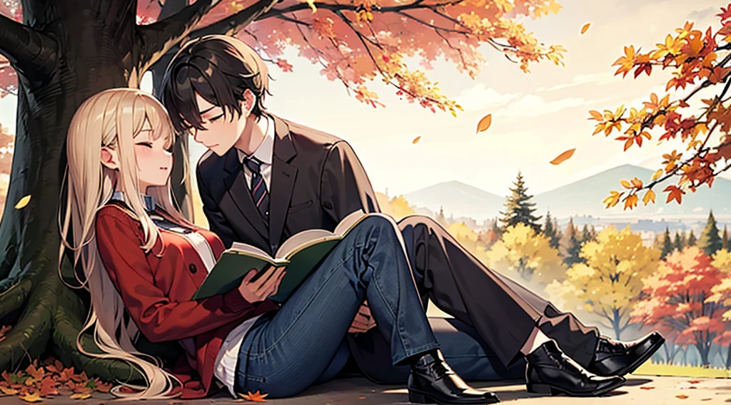 Canada、autumn leaves、hill、edge、The leaves fall、one man and one woman, A man is sitting under a tree reading。Woman sleeping on man'Lap、happy expression、korean drama、Tokkebi、Gong Yoo、Kim Go Eun, Man in an elegant suit, Woman wearing a long-sleeved sweater, pleatedskirt, Red scarf、