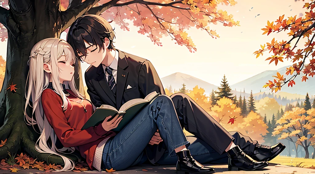 Canada、autumn leaves、hill、edge、The leaves fall、one man and one woman, A man is sitting under a tree reading。Woman sleeping on man'Lap、happy expression、korean drama、Tokkebi、Gong Yoo、Kim Go Eun, Man in an elegant suit, Woman wearing a long-sleeved sweater, pleatedskirt, Red scarf、