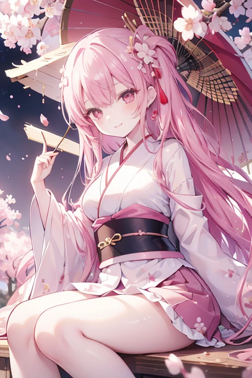 young girl, pink hair, red eyes,beautiful and detailed eyes, ??????????????, long hair, happy smile,kimono,mini skirt,  (cherry blossom tree park )