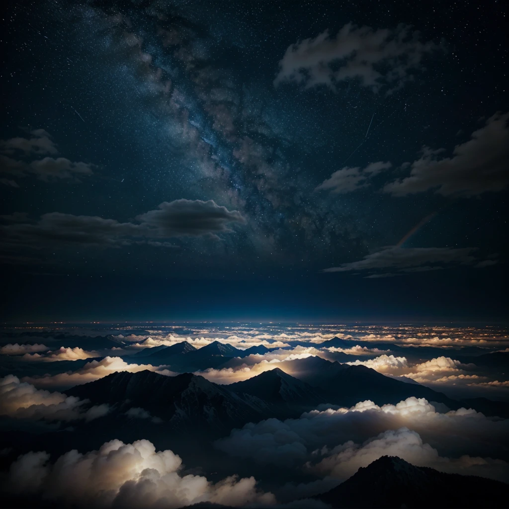 I need a night sky but with a lot of light that has clouds with anime-type rainbow edges that has small stars and that looks magical and surreal, without any living being involved, only the sky