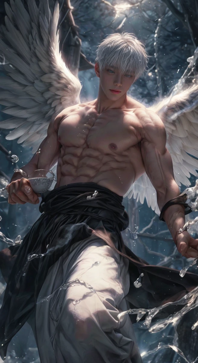 1boy, adult, handsome, perfect face, detailed eyes and face, clean shaved, muscular, capturing a rural atmosphere, dynamic lighting, unreal engine 5, hd picture, satoru gojo, white hair, short hair ,hair between eyes ,blue eyes, white skin, milk pink nipple details, Angel wings, splash detail Angel wings