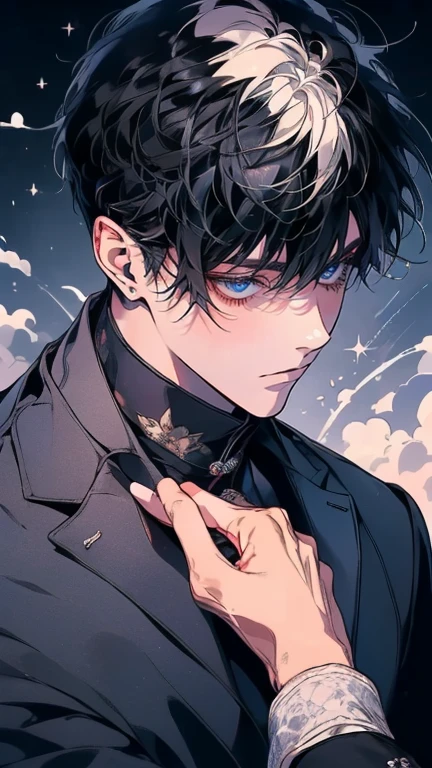 (Mastepiece), (Best Quality), Very detailed, ((Two friendly men:1.5)), Perfect Face, Beautiful Face, Very detailed顔，(Black Haired Man:1.3)，(Man with white hair:1.3)，suit，shirt