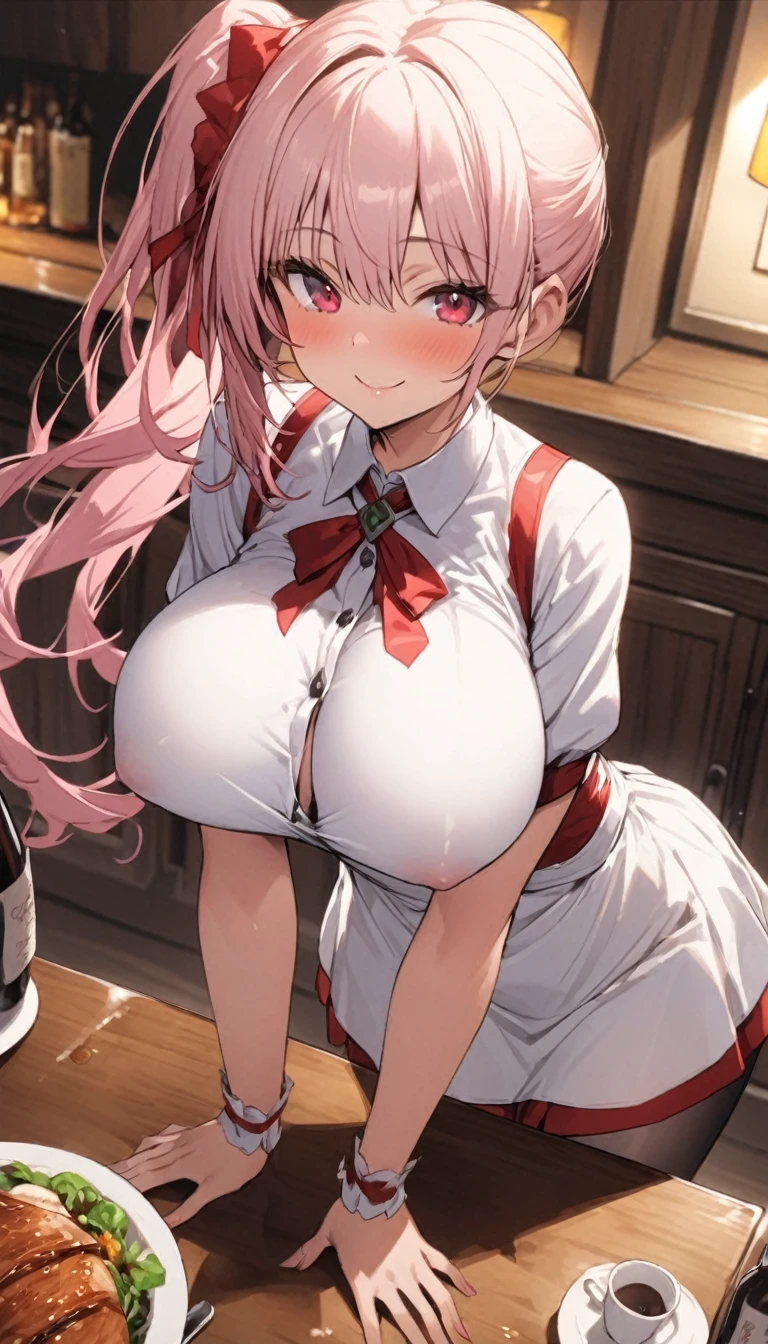 One Woman、beautiful girl、waitress、20-year-old、Side Ponytail、restaurant、waitressの制服、Short skirt、Black Pantyhose、Highest quality, smile,Big Breasts、Very big boobs、Put your on the table、 sinking into the table、Put your boobs on the table、Bust up angle、Place breasts on table、Put your on the table、Place your chest on the table、Poses that emphasize the breasts