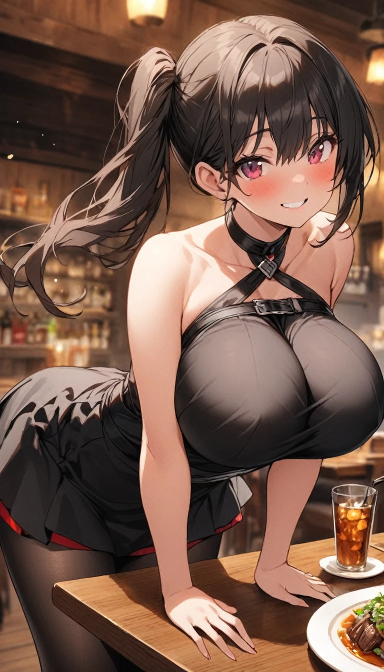 hot, sweating, sweaty, slight tan, big boobs, tan skin, flustered, blush, buny suit, bunny suit, black hair, ponytail, bunny girl, black suit, fishnet stockings, hot, in bar, plump, fishnet stocking, club, playbunny, eyes closed, emberased, beet red cheeks