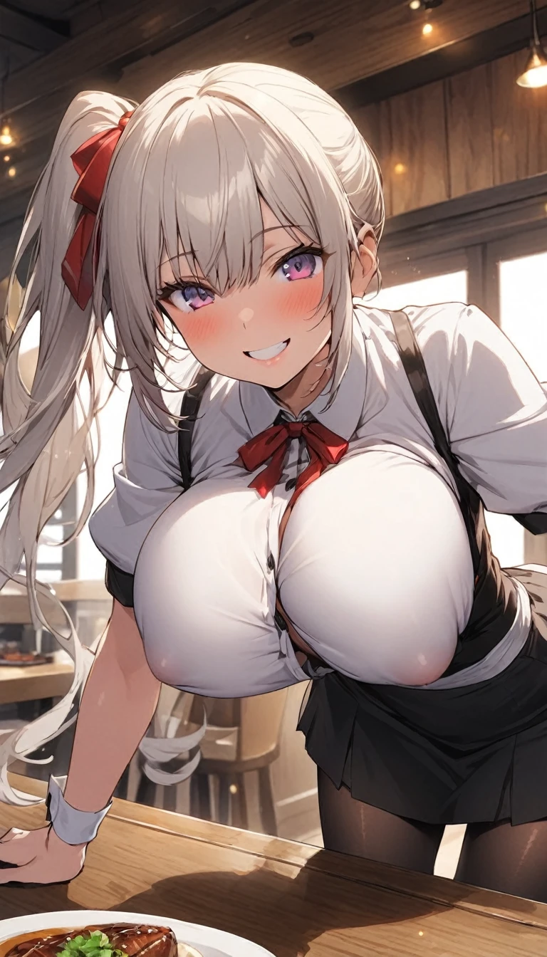 One Woman、beautiful girl、waitress、20-year-old、Side Ponytail、restaurant、waitressの制服、Short skirt、Black Pantyhose、Highest quality, smile,Big Breasts、Very big boobs、Put your on the table、 sinking into the table、Put your boobs on the table、Bust up angle、Place breasts on table、Put your on the table、Place your chest on the table、Poses that emphasize the breasts