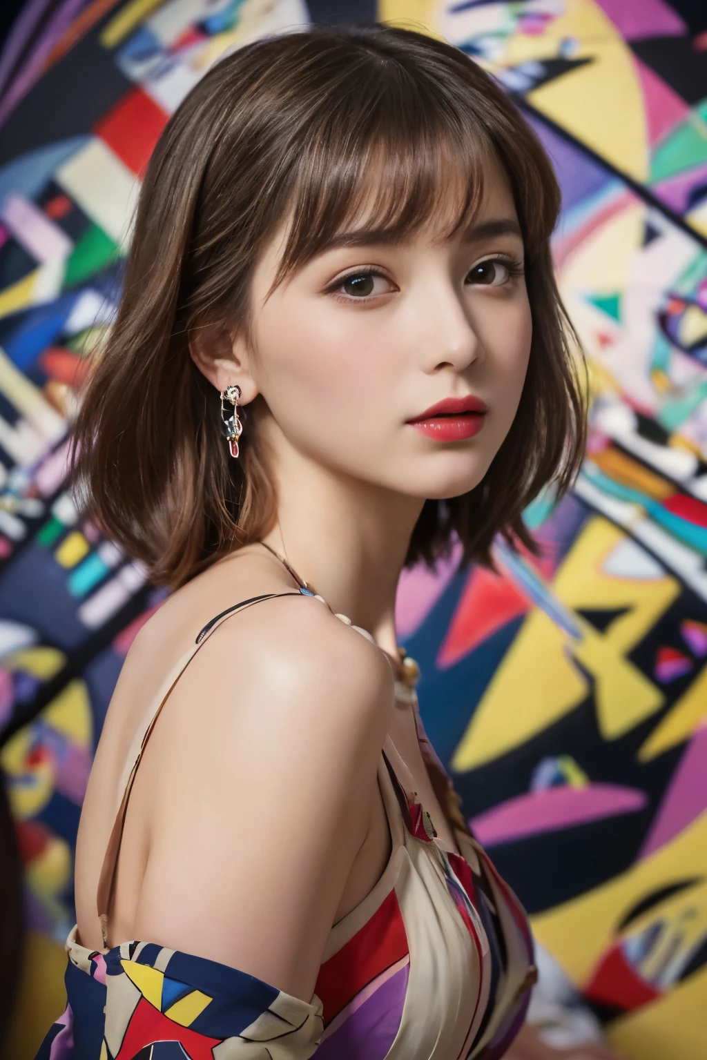 ((masterpiece:1.4, Highest quality)), (Realistic photos:1.4), (artwork),
((1 girl)), (Otherworldly beauty), (dream-like),
(超High resolution:1.2), Very delicate and beautiful, wonderful, Very detailedな CG Unity 8k 壁紙, Very detailed, High resolution,
Soft Light, Beautiful detailed girl, Very detailedな目と顔, Beautiful and exquisite nose, Beautiful and exquisite,
(Dressed in early 20th century Western European clothing:1.3),
Cinema Lighting, Perfect Anatomy, Slender body, (Parted bangs),
(Portrait of a Girl:1.5), (Kandinsky-style abstract background:1.5),
Cowboy Shot