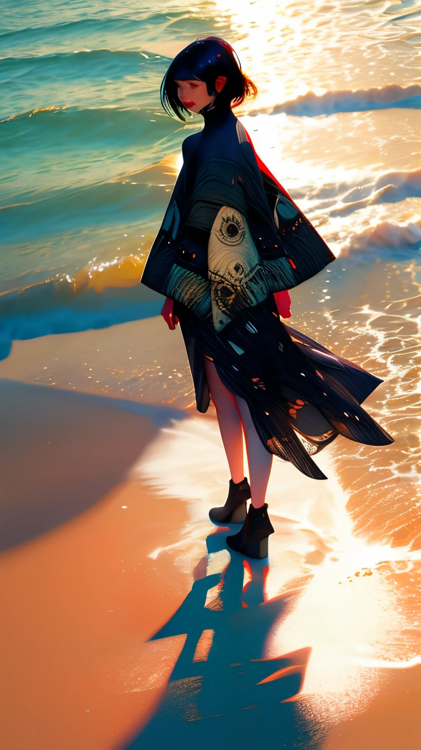 woman、Black Hair、Are standing、Sandy Beach、Water's Edge、Asian、woman、24-years-old、bikini、smile、sunny