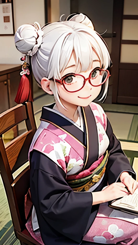 Cute old woman、60-year-old woman、One Woman、kimono、Kappo、White Hair、Japanese anime、comical、4 heads、Bun Hair、Round face、Round Glasses、Sit at a desk、front、fortune teller、Astrology、Smiling face、