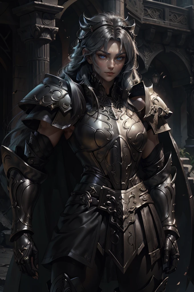 (real photography), (8k), (masterpiece: 1.2), (best quality: 1.2), perfect eyes, perfect face, volumetric light, 1girl, tall and mature Persian female warrior, muscular, long hair, bouffant Puff cut, black heavy armor, huge shoulder armor, gauntlets, cape, belt, machete, leather pants, stern expression, makeup, lipstick, eye shadow, mascara, thick eyelashes, dark fantasy, outdoors, detailed background, hands on hips,digital art, MGS V Quiet, looking serious, masterpiece, best quality, sexy