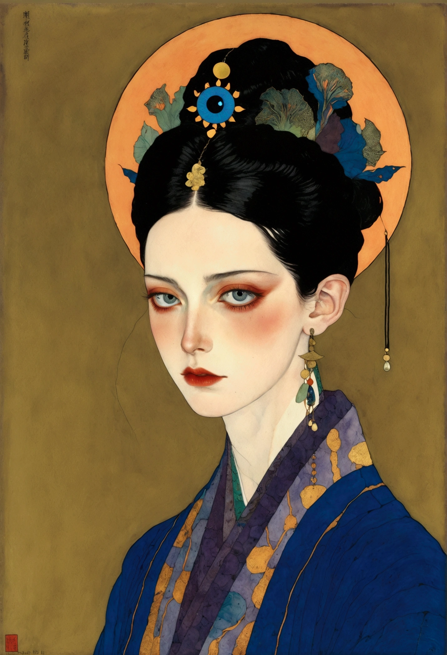 The art of math，Digital Illustration，Drawing，Decorative paintings，Watercolor，(((Harry Clark (Harry Clarke) style,圣地亚哥·卡鲁索style)))，Simple，clean，Fine painting style，(((The third eye on the forehead。short hair，Pointed ears，robe)))，Wide Angle，Black and blue，Solid color background，Human anatomy is correct