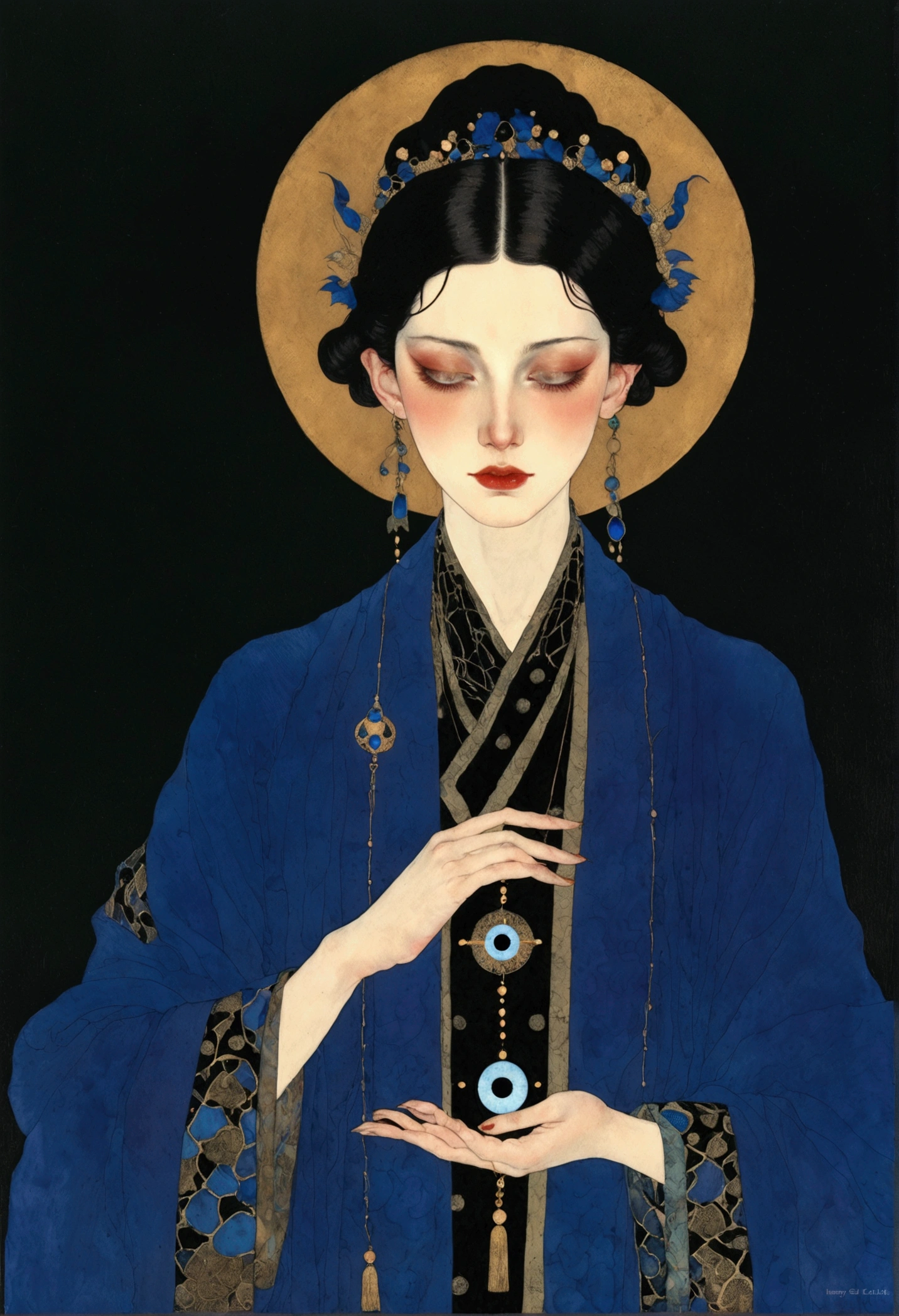 The art of math,Digital Illustration,Drawing,Decorative paintings,Watercolor,(((Harry Clark (Harry Clarke) style,圣地亚哥·卡鲁索style))),Simple,clean,Fine painting style,(((The third eye on the forehead。short hair,Pointed ears,robe))),Wide Angle,Black and blue,Solid color background,Human anatomy is correct