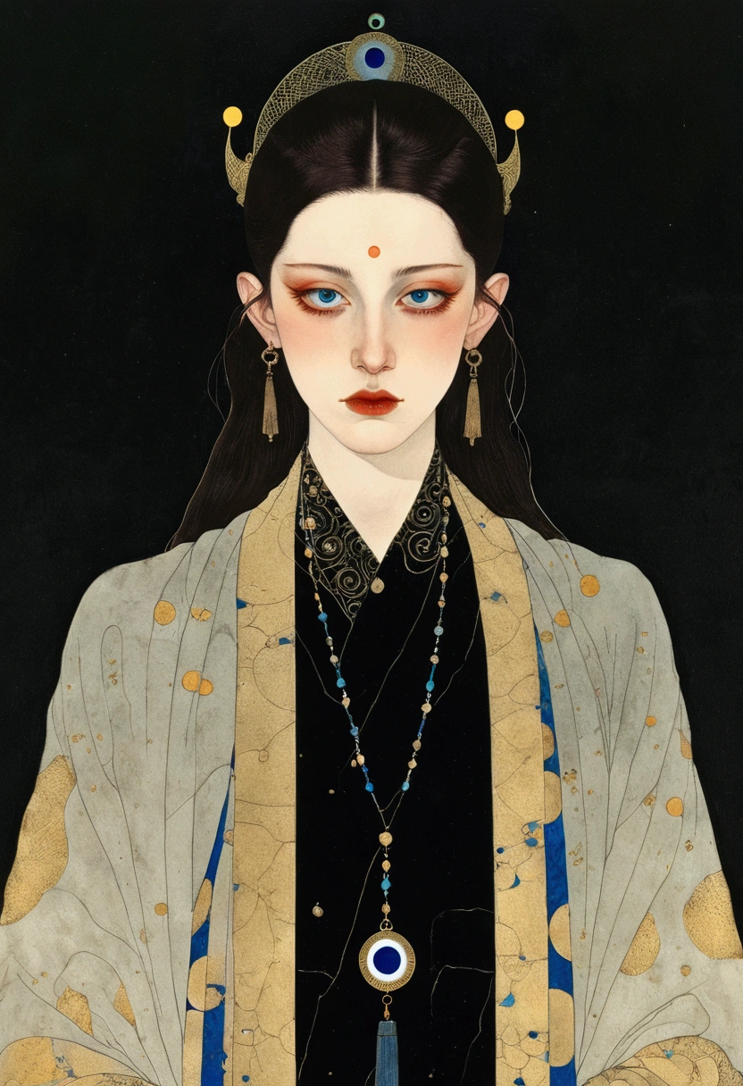 The art of math，Digital Illustration，Drawing，Decorative paintings，Watercolor，(((Harry Clark (Harry Clarke) style,圣地亚哥·卡鲁索style)))，Simple，clean，Fine painting style，(((The third eye on the forehead。short hair，Pointed ears，robe)))，Wide Angle，Black and blue，Solid color background，Human anatomy is correct