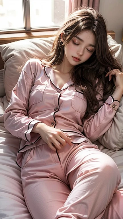Sleeping girl, 22 years old, Realistic, She is wearing long pants, She is wearing pink pajamas, Brown Hair.