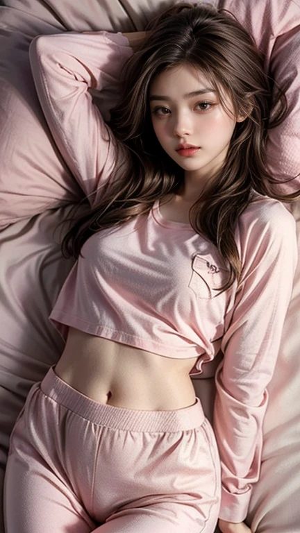 Sleeping girl, 22 years old, Realistic, She is wearing long pants, She is wearing pink pajamas, Brown Hair.