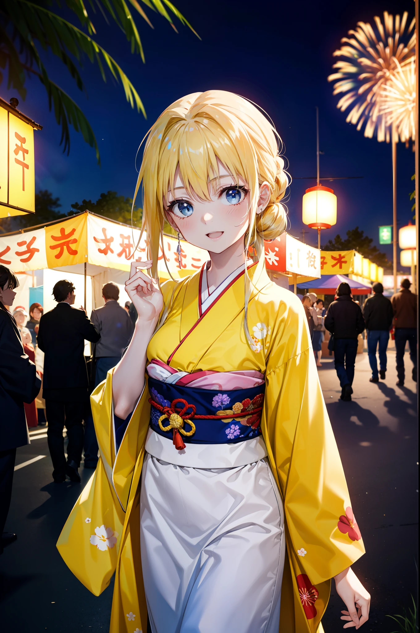 Alicesburg, Alice Zuberg, bangs, blue eyes, Blonde, Hair between the eyes, Long Hair,Flower Hair Ornaments,hair tied back, hair band, white hair band,Yellow Kimono,happy smile,smile, Open your mouth,Fireworks in the night sky、Fireworks,The place is a fireworks display,Time is night,sunny day,Japanese Festivals,Summer festival food stalls,Red lantern,whole bodyがイラストに入るように
break outside, shrine,
break looking at viewer, whole body,(Cowboy Shot:1.5),
break (masterpiece:1.2), Highest quality, High resolution, unity 8k wallpaper, (figure:0.8), (Beautiful attention to detail:1.6), Highly detailed face, Perfect lighting, Highly detailed CG, (Perfect hands, Perfect Anatomy),