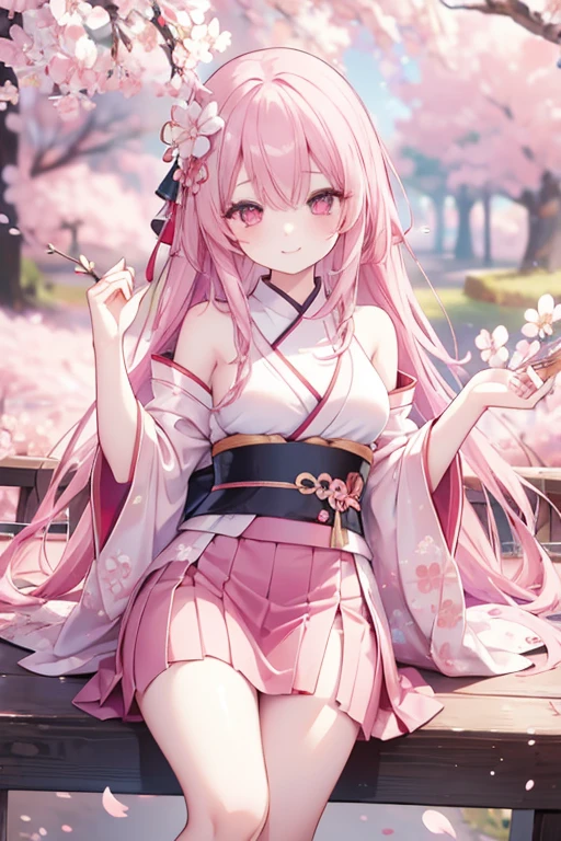 young girl, pink hair, red eyes,beautiful and detailed eyes, medium breasts, long hair, happy smile,kimono,mini skirt, (cherry blossom tree park )