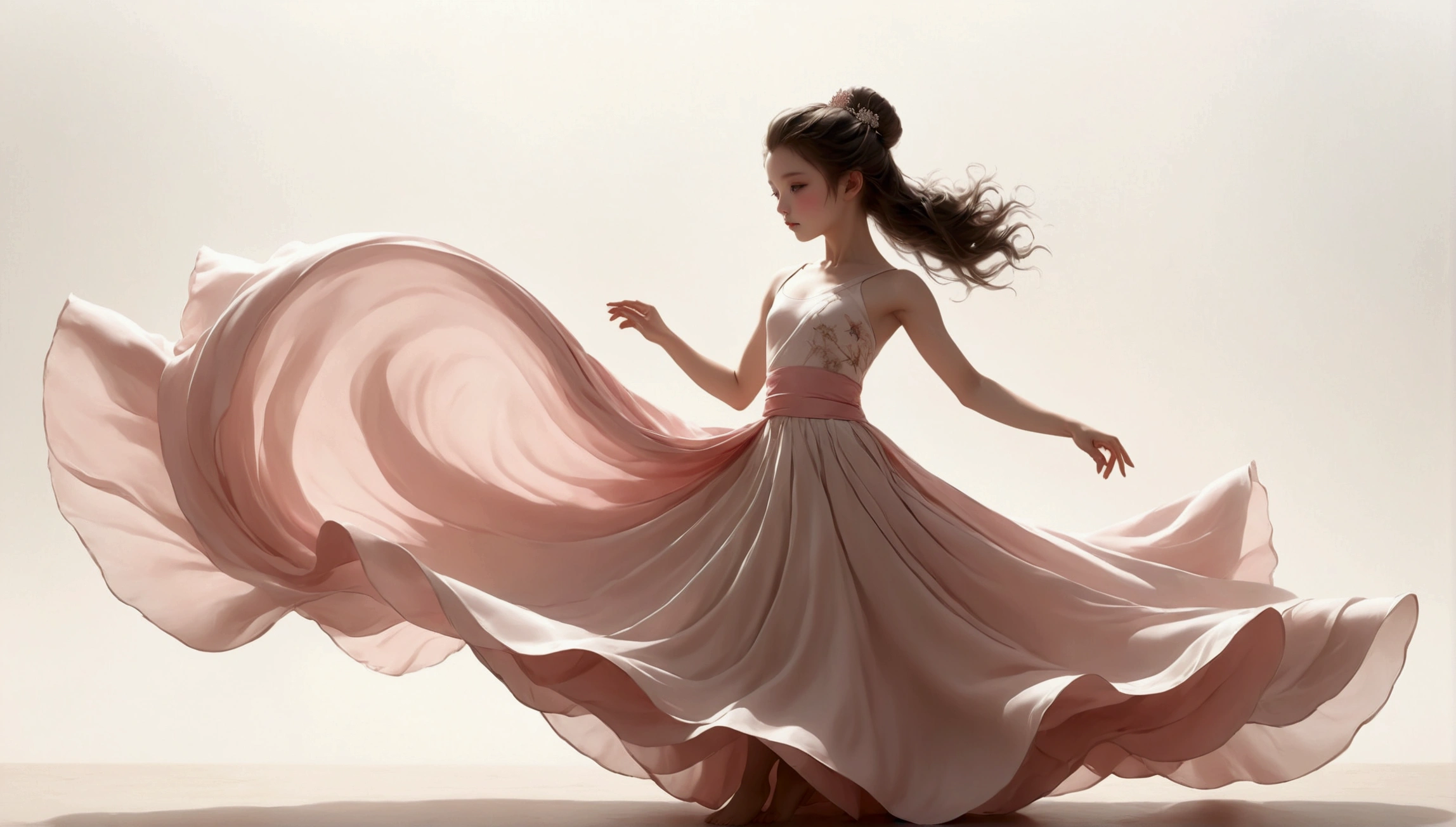 Dance photography；A dancer，Solitary；A little girl in a gorgeous long dress，Princess dress，Chinese style skirt，pink，Conservative style，Smudged skirt hem；The movements of the dance；elegant，Flexible skirt；Long hair shawl。Full body view，front； Simple style；Minimalism。White background，Pure white background；Panoramic photography；Depth of Field, Extraordinary details, masterpiece, high quality, 4K，cinematic lighting, motion blur, depth of field, sparkle, ray tracing, reflection light, anatomically correct, uhd, textured skin, best quality, super detail, highres, high details, accurate, high quality, award winning。