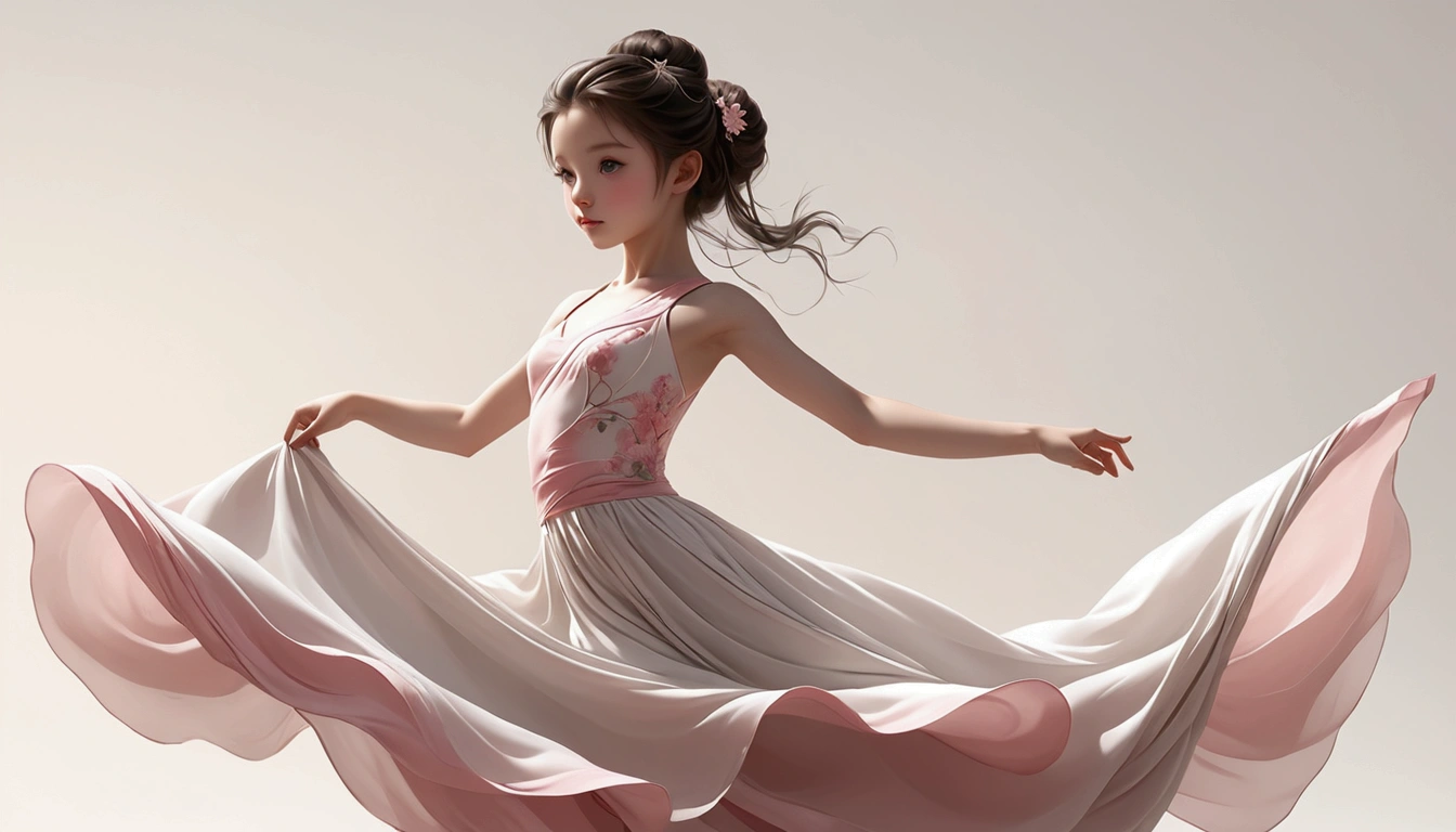 Dance photography;A dancer,Solitary;A little girl in a gorgeous long dress,Princess dress,Chinese style skirt,pink,Conservative style,Smudged skirt hem;The movements of the dance;elegant,Flexible skirt;Long hair shawl。Full body view,front; Simple style;Minimalism。White background,Pure white background;Panoramic photography;Depth of Field, Extraordinary details, masterpiece, high quality, 4K,cinematic lighting, motion blur, depth of field, sparkle, ray tracing, reflection light, anatomically correct, uhd, textured skin, best quality, super detail, highres, high details, accurate, high quality, award winning。