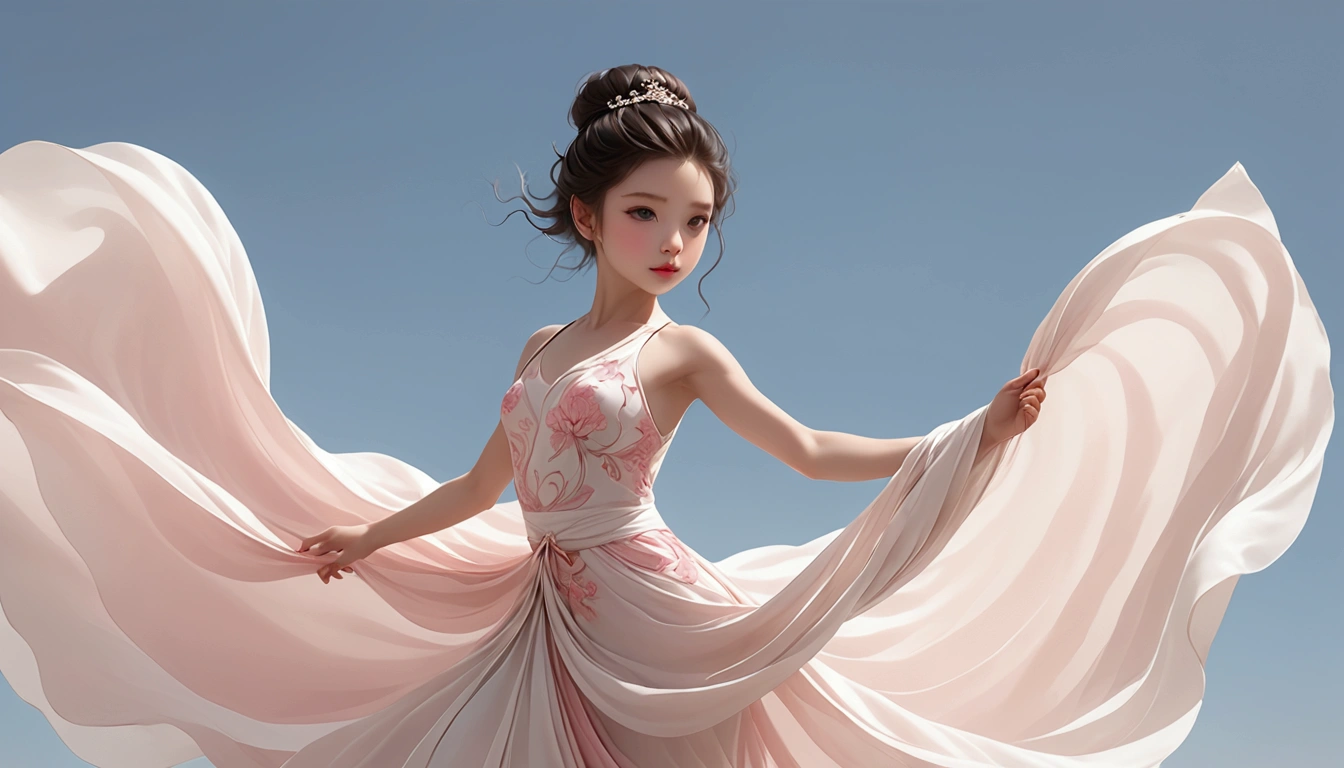 Dance photography：A little girl，Solitary；A dancing little girl；[Long skirt elegant style，Gray pink and white gradient，Traditional style，Smudged skirt hem，Full screen skirt]；[elegant，Flexible skirt；Long hair，Long hair披肩]。[Chinese dance]，[[[Full body panorama 1.5]]]，front； Simple style；Minimalism。White background，Pure white background；Panoramic photography；Depth of Field, Extraordinary details, masterpiece, high quality, 4K，cinematic lighting, motion blur, depth of field, sparkle, ray tracing, reflection light, anatomically correct, uhd, textured skin, best quality, super detail, highres, high details, accurate, high quality, award winning