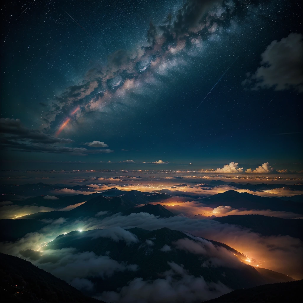 I need a night sky but with a lot of light that has clouds with anime-type rainbow edges that has small stars and that looks magical and surreal, without any living being involved, just the sky and very very bright and alive