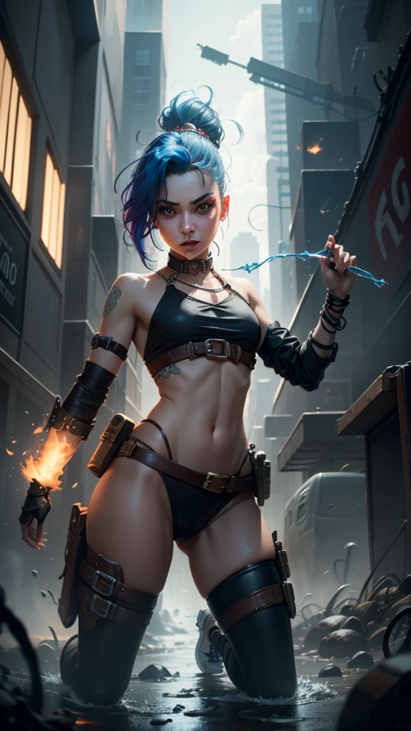 ((Best quality)), ((masterpiece)), (highly detailed:1.3), 3D, arcane style, Jinx, In the dark and courageous dystopian city of Piltover, plagued by violence and divided into two opposing factions, a young prodigy named Jinx emerges. Having endured unimaginable loss and abandonment, she embraced a life of chaos and destruction. Known for her inventive and explosive abilities, Jinx becomes an icon of rebellion against the oppressive forces that control the city. However, haunted by guilt and battling inner demons, she must confront her past and decide whether to continue on the path of anarchy or seek redemption amid the turmoil. Explore Jinx's journey as she navigates a treacherous world, fighting for survival, unlocking secrets, and discovering the true meaning of her twisted existence, chaos reigns supreme, and at the center of it all is Jinx, the embodiment of unpredictability. Delve deep into Jinx's twisted mind, exploring the origins of his madness and the driving force behind his destructive nature. Unravel the moments that shaped her into the crazed, iconic character we know. Take us on a wild journey through the vibrant streets of Piltover and the shadowy suburb of Zaun as Jinx wreaks havoc with his explosive arsenal. Can redemption find its way into Jinx's fractured soul? Or will she dance forever on the edge of sanity, embracing the chaos that fuels her very existence? Arcane's fate hangs in the balance as Jinx's path intertwines with unlikely allies and formidable enemies. Ignite your imagination and paint a vivid portrait of Jinx's distorted psyche, capturing the essence of her madness and the indomitable spirit that defines it, HDR (High Dynamic Range), Ray Tracing, NVIDIA RTX, Super-Resolution, Unreal 5, Subsurface Scattering, PBR Texturing, Post-processing, Anisotropic Filtering, Depth of Field, Maximum Clarity and Sharpness, Multit Textures