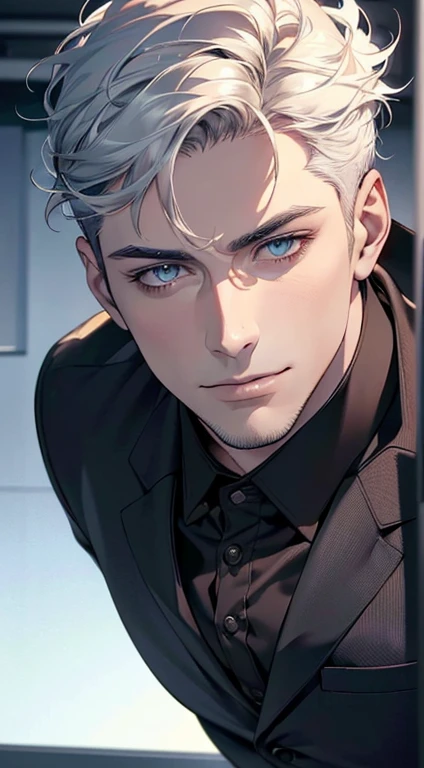 (best quality,4k,8k,highres,masterpiece:1.2),ultra-detailed,(realistic,photorealistic,photo-realistic:1.37),1 man,31 years old,mature man,very handsome,without expression,smile,short white hair,blue eyes,penetrating gaze,perfect face without errors,imposing posture,businessman,office background,cinematic lighting,hdr image