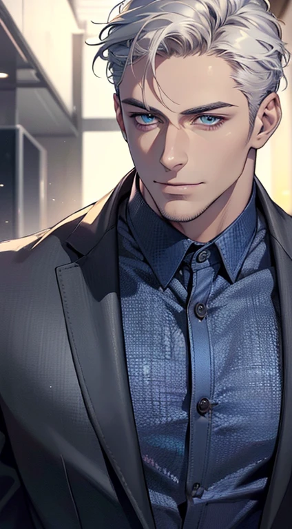 (best quality,4k,8k,highres,masterpiece:1.2),ultra-detailed,(realistic,photorealistic,photo-realistic:1.37),1 man,31 years old,mature man,very handsome,without expression,smile,short white hair,blue eyes,penetrating gaze,perfect face without errors,imposing posture,businessman,office background,cinematic lighting,hdr image