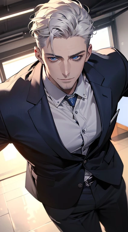 (best quality,4k,8k,highres,masterpiece:1.2),ultra-detailed,(realistic,photorealistic,photo-realistic:1.37),1 man,31 years old,mature man,very handsome,without expression,smile,short white hair,blue eyes,penetrating gaze,perfect face without errors,imposing posture,businessman,office background,cinematic lighting,hdr image